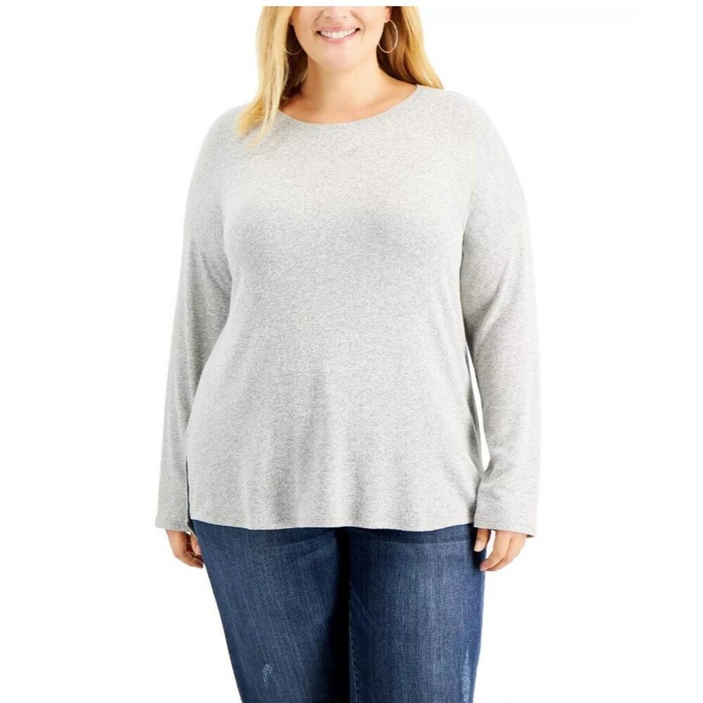 Style & Co Knit T-Shirt Top Gray Long Sleeves Plus Size Basic Casual Pullover
